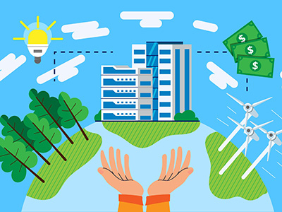 Infographic - trees to light bulb to building to money to wind turbine