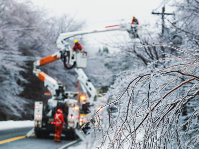 Emergency workers assessing a power link in winter